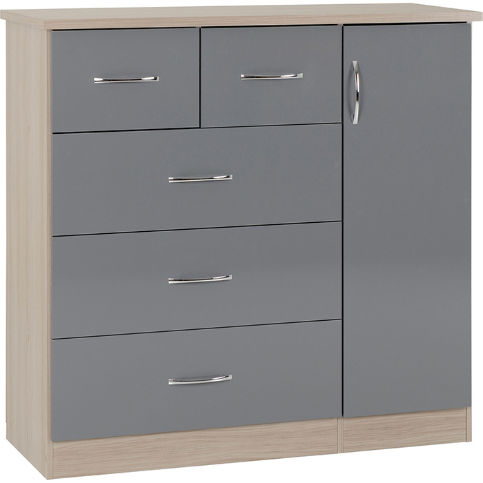 Nevada 5 Drawer Low Wardrobe In Grey Gloss & Light Oak Effect